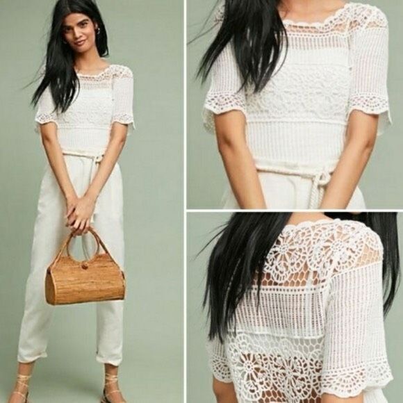 James Coviello Tops - James Coviello Anthropologie Janice Crochet Top Short Sleeve White Extra Small N